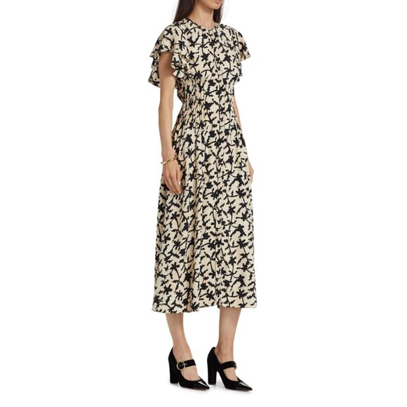 ULLA JOHNSON Anais ruffled printed crepe midi‎ dress in Beige Black 4 - Picture 5 of 16